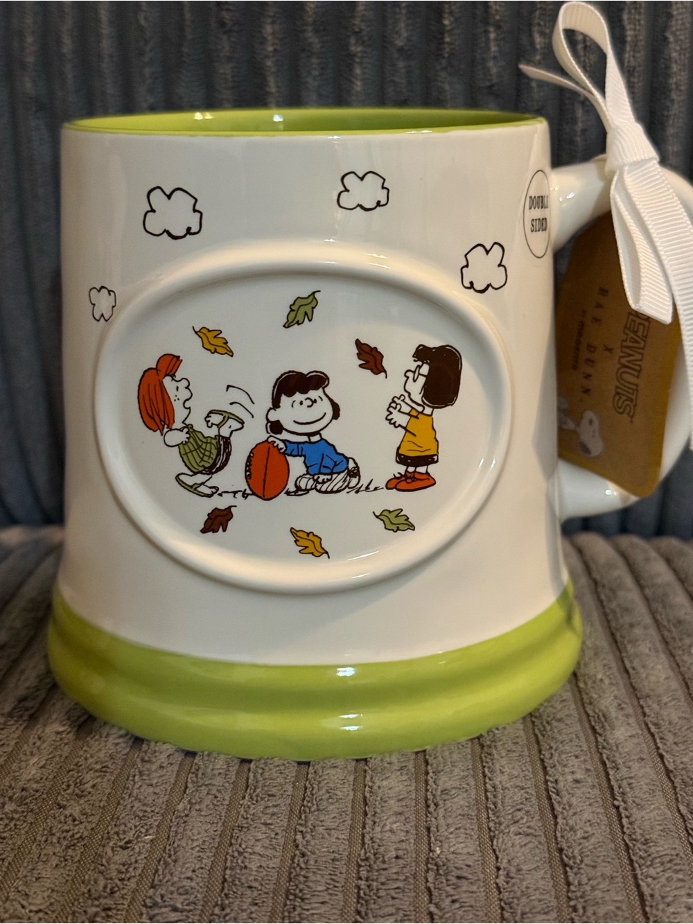 Rae Dunn x Peanuts White & Green Double-sided Ceramic Mug 🏈 FOOTBALL GIRLS NWT